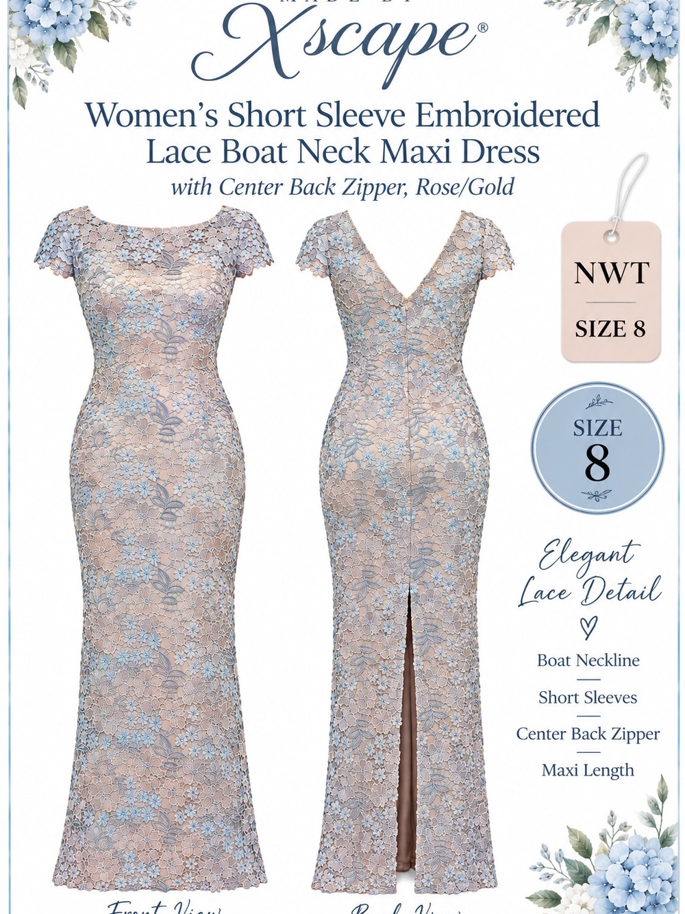 Xscape Rose and Gold Embroidered Lace Boat Neck Maxi Dress NWT Size 8